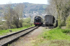 72. Steam Train approaching Dunster station near River Avill